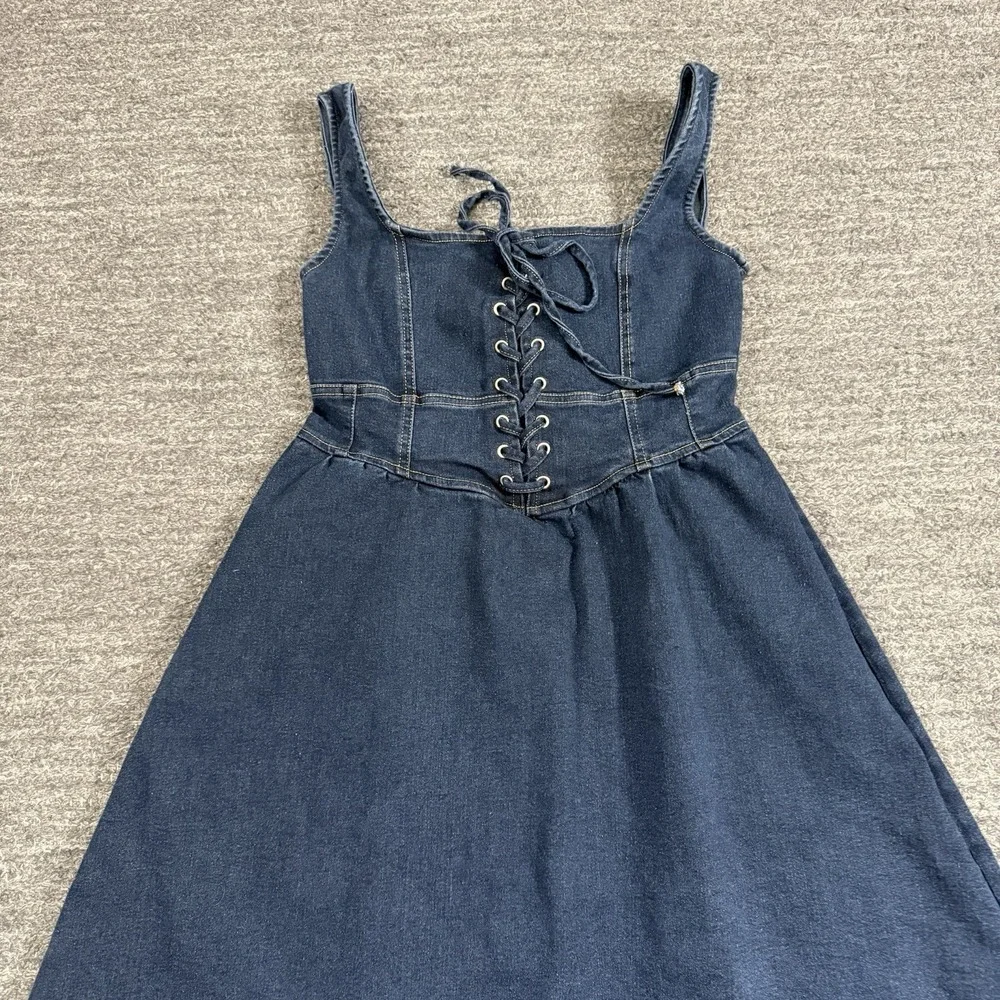 Moon River Denim Dress Women Small Midi Corset Style Smocked Prairie Farm Jean - Picture 3 of 12